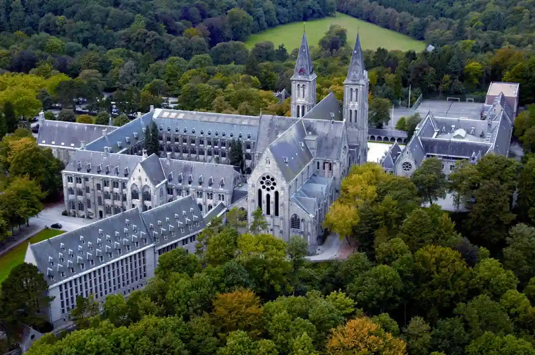 Aerial view of Maredsous Abbey and its two neo-Gothic towers