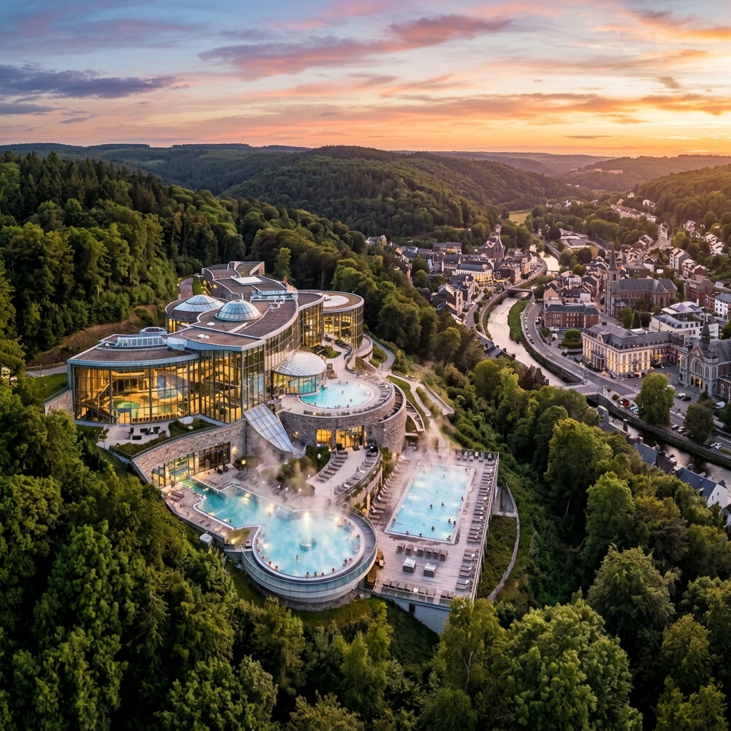 Panoramic thermal baths of Spa with a view over the city from the hillside