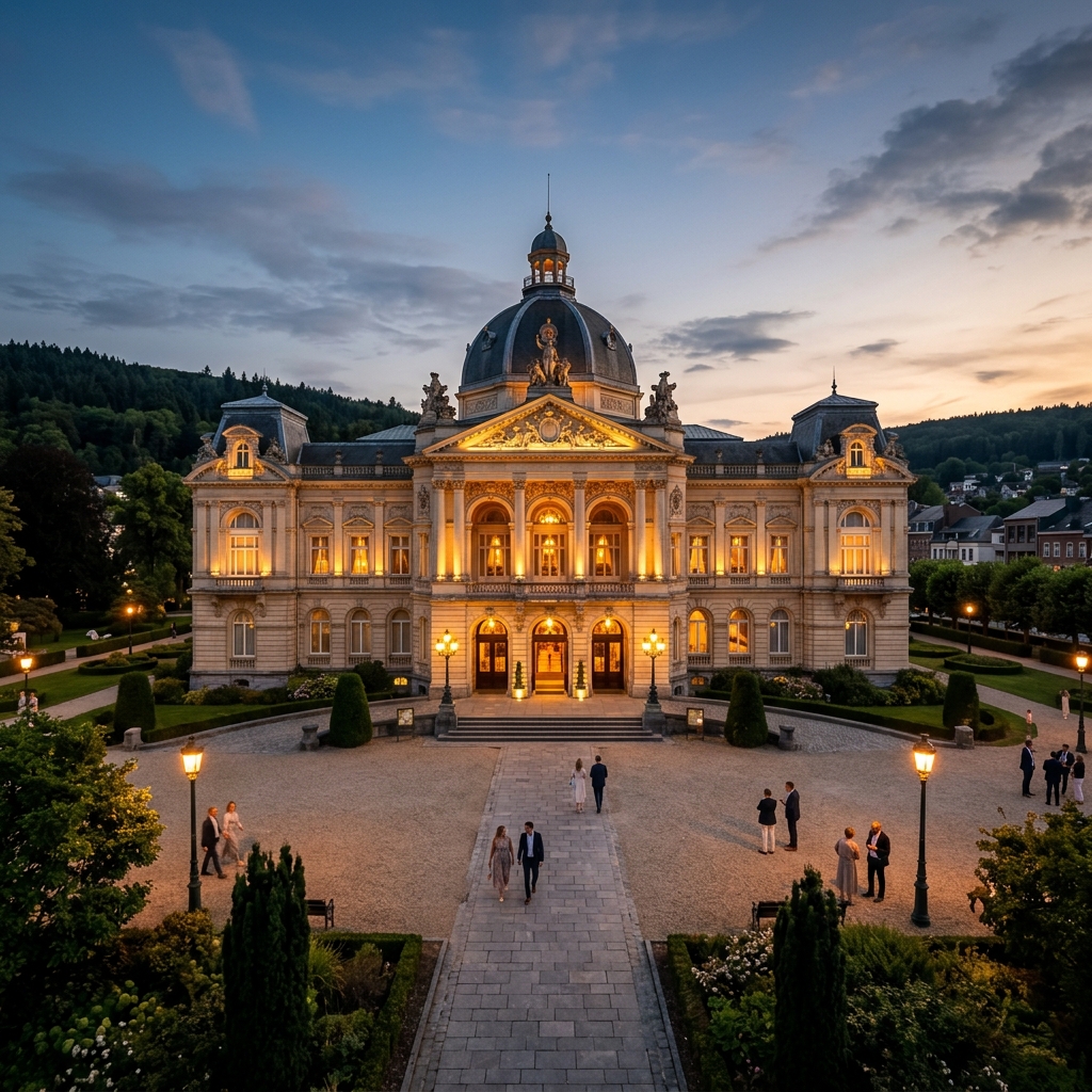 Illuminated historic facade of the Casino de Spa (La Redoute) at night