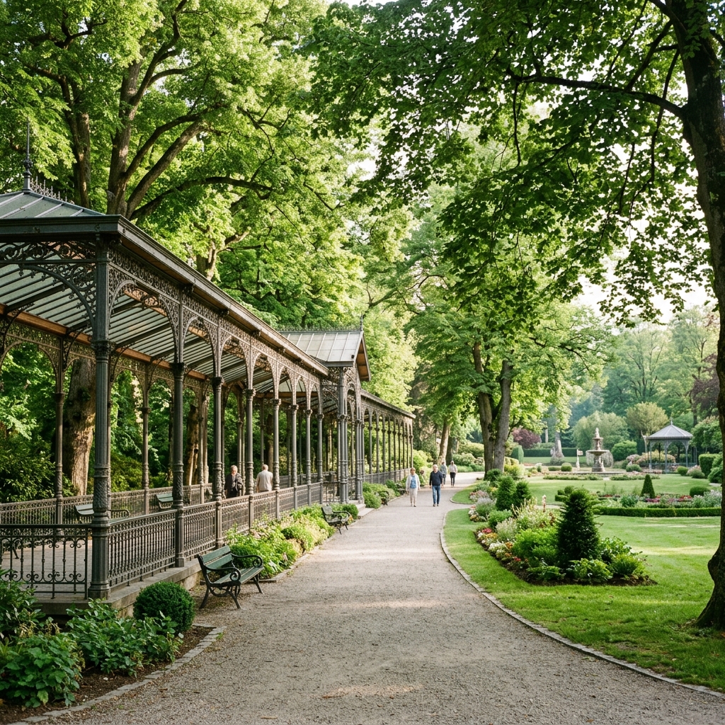 Verdant promenade in the Parc de Sept Heures in Spa with its covered galleries