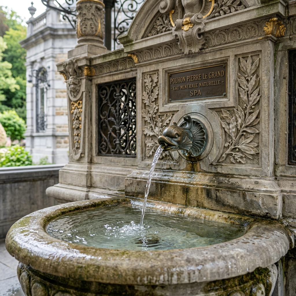 Ferruginous mineral water flowing at the Pouhon Pierre le Grand, naturally carbonated