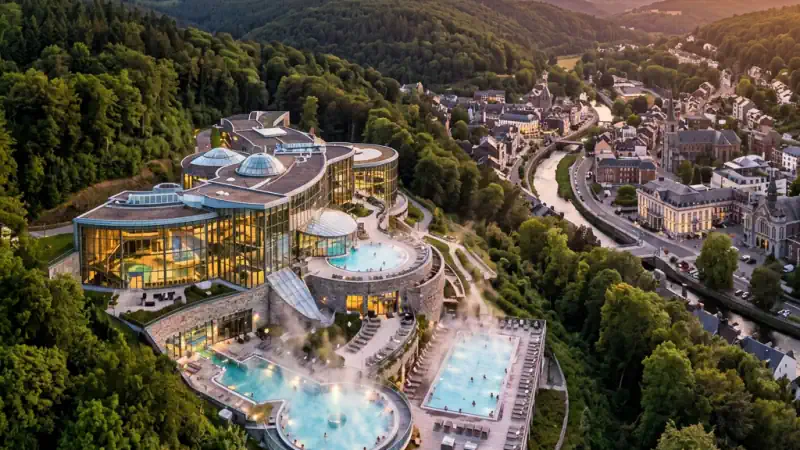 Panorama-Thermen von Spa mit Blick auf die Stadt vom Hügel aus