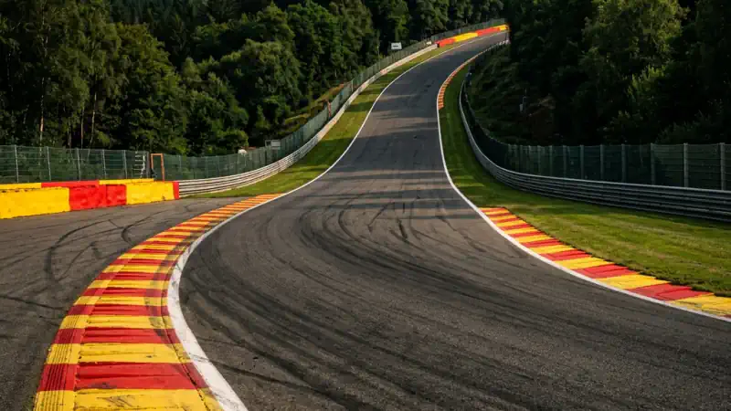 Rennwagen, der die legendäre Kurve Raidillon de l'Eau Rouge in Spa-Francorchamps hinauffährt