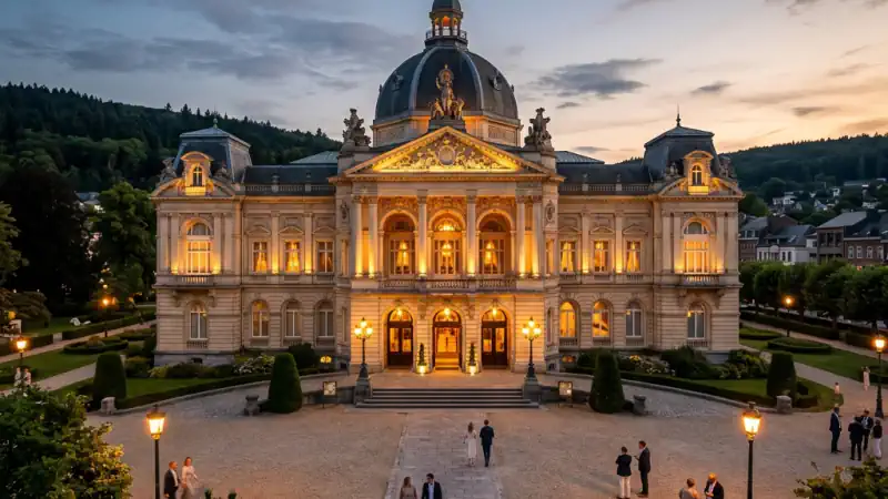 Beleuchtete historische Fassade des Casino de Spa (La Redoute) bei Nacht