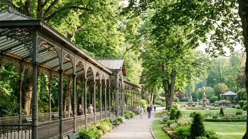 Grüner Spazierweg im Parc de Sept Heures in Spa mit seinen überdachten Wandelgängen