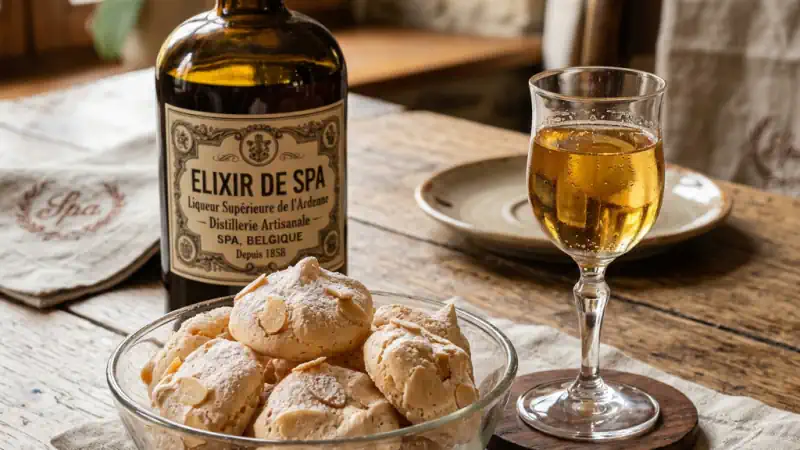 Die Baisers de Spa und die Flasche des Elixiers von Spa mit 40 Kräutern, gastronomische Spezialitäten